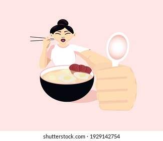 Ramen flat vector illustration. A woman with chopsticks in one hand and a spoon in the other is eating Japanese and Asian traditional soup. A large cartoon plate with hot noodles, egg, meat and broth.