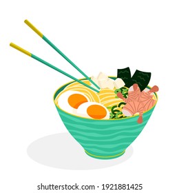 Ramen flat vector isolated illustration. Bowl of hot soup with seafood, eggs, seaweed and tofu. Green plate and chopsticks. Traditional Chinese and Japanese dish. 