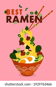 Ramen flat vector isolated illustration. Bowl of hot soup with edamame, eggs, mushrooms and green leaves. Red plate and chopsticks. Traditional Chinese and Japanese dish. Poster Template