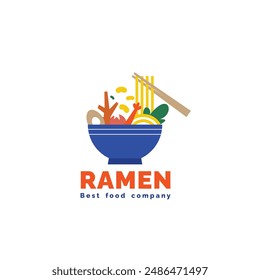 Diseño de logotipo de comida Ramen con varios adornos. Ilustración de la comida del tazón y de la tienda conveniente para el restaurante