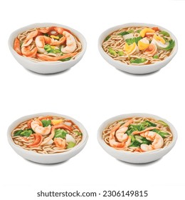 Ramen Fusion at Its Finest: A Flavorful 3D Icon Set for Restaurant Menus. Ignite taste sensations with a mesmerizing collection of four fusion-inspired ramen dishes, blending traditional flavors with 