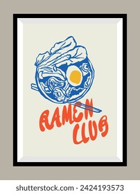 Ilustración dibujada a mano en Ramen en un marco de afiches para una galería de arte en la pared