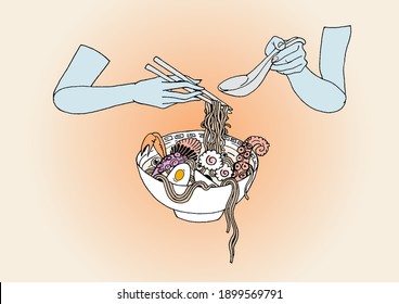 ramen hand drawn illustration. Suitable for decoration, sticker, icon and poster.