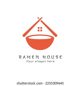 Ramen house logo. Building and chopsticks pictogram silhouettes. Simple unique design style, suitable for Japanese food business brands.