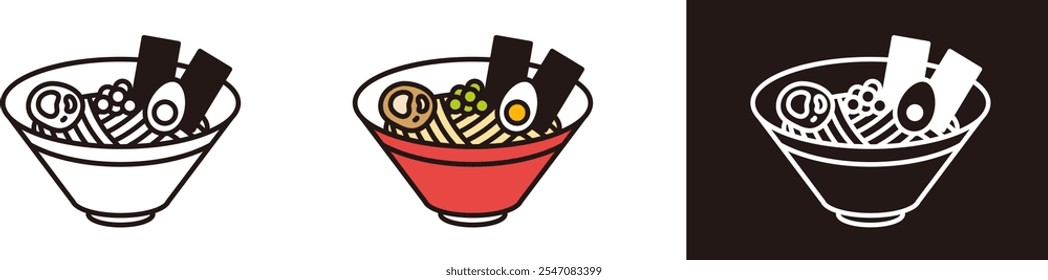 Ilustração do ícone de Ramen. Coberto com carne de porco assada e ovo cozido.