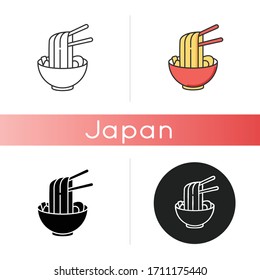 Ramen icon. Instant noodles in bowl with chopsticks. Traditional japanese soba. Asian cuisine dish. Chinese culinary meal. Linear black and RGB color styles. Isolated vector illustrations