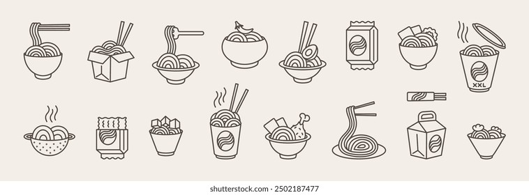 Icono de Ramen. Pictograma de cocina de fideos. Pasta asiática y sopa con espagueti instantáneo. Símbolo de comida japonesa. Caja de trabajo. Coma el tazón de la comida. Udon se está preparando. Palillos chinos. Logo de línea de cena de Vector de Japón