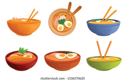 Ramen icons set. Cartoon set of ramen vector icons for web design