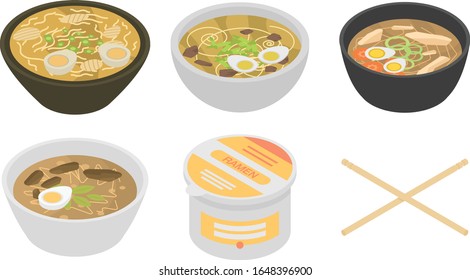 Ramen icons set, isometric style