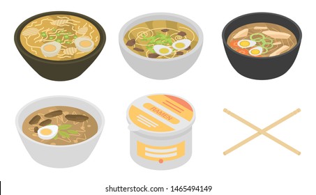 Ramen icons set. Isometric set of ramen vector icons for web design isolated on white background