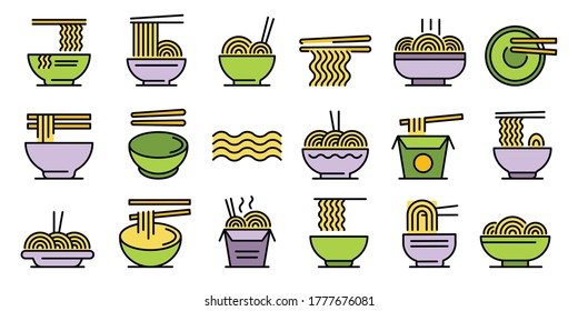 Ramen icons set. Outline set of ramen vector icons thin line color flat on white