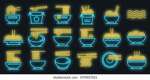 Ramen icons set. Outline set of ramen vector icons neon color on black