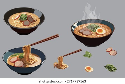 Ramen illustration material. Soft-boiled egg, scallions, char siu, ramen.
