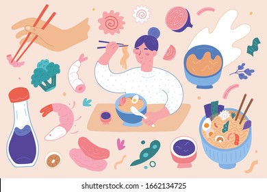 Ramen illustrations set, woman with chopsticks in hand eating ramen noodle soup, asian and japanese traditional food, hot bowl with broth, soy sauce and ramen ingredients, cute flat cartoon collection