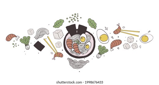 Ramen with ingredients isolated on white background. Composition with food. Vector graphics EPS 8.