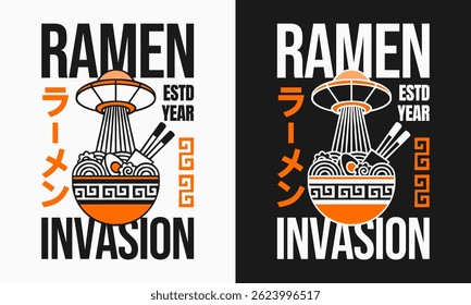 Ramen invasion concept with UFO beaming noodles in bold graphic style with ramen text written in Japanese.