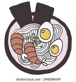 Ramen aislado de fondo blanco. Ilustración de la comida asiática. Icono aislado en fondo blanco. Comida callejera.