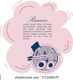 Ramen japanese dish with noodles, seafood, shrimps and egg, hand holding chopsticks, person eating ramen, asian cuisine, ramen bowl, cute cartoon vector illustration.