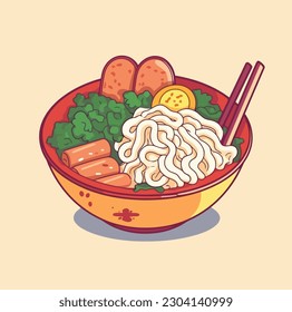 Ramen Japanese Food Bowl Cartoon Style Vector Illustration