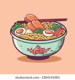 Ramen Japanese Food Bowl Cartoon Style Vector Illustration