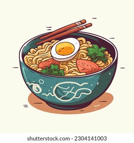 Ramen Japanese Food Bowl Cartoon Style Vector Illustration