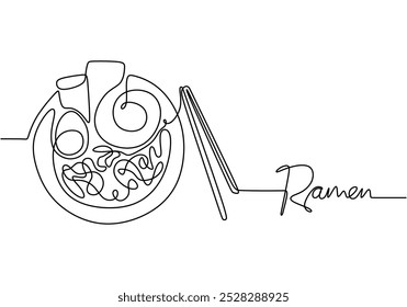 Comida japonesa de Ramen en línea continua. Concepto de menú tradicional de comida. Ilustración vectorial minimalista aislada sobre fondo blanco.