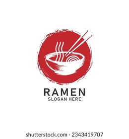 Concepto del logo de la comida japonesa Ramen con fondo de brocha circular. Ilustración del logo de Ramen, tallarines, tazones y palillos.