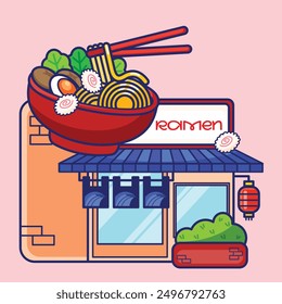 Ramen, Japanese food shop, noodle type, flat and colorful illustration.