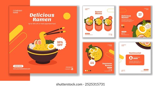 Ramen Comida Japonesa Mídia Social Post Plano Desenhado à Mão Desenhado Modelos Ilustração de Fundo