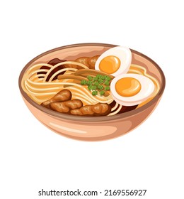 Ramen, Japanese noodle dish vector illustration. Cartoon isolated bowl with wheat noodles, pork slices, nori and eggs in broth, traditional hot soup from Japan restaurant or street cafe menu