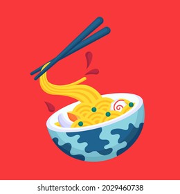 Ramen Noodle japonés sobre fondo rojo. Ilustración vectorial plana.