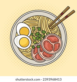 Sopa de tallarines japoneses de Ramen pinup de arte pop retro ilustración vectorial hecha a mano. La imitación al estilo de un libro de historietas.