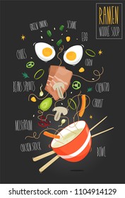 Ramen. Japanese ramen soup. Bowl of soup and ingredients. Vector illustration