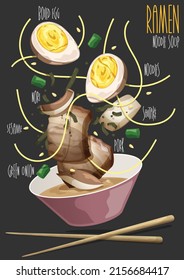 Ramen. Japanese ramen soup. Bowl of soup and ingredients. Vector illustration