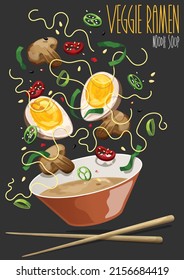 Ramen. Japanische Ramensuppe. Schüssel Suppe und Zutaten. Vektorgrafik