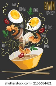 Ramen. Japanese ramen soup. Bowl of soup and ingredients. Vector illustration