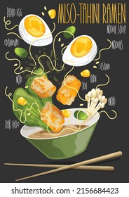 Ramen. Japanese ramen soup. Bowl of soup and ingredients. Vector illustration