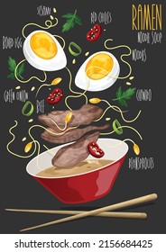 Ramen. Japanese ramen soup. Bowl of soup and ingredients. Vector illustration