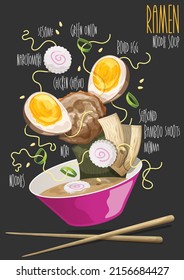 Ramen. Japanese ramen soup. Bowl of soup and ingredients. Vector illustration