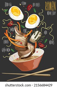 Ramen. Japanese ramen soup. Bowl of soup and ingredients. Vector illustration