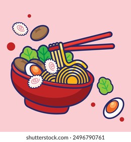 Ramen, comida de estilo japonés, platos de fideos, ilustración plana y colorida.