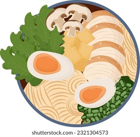 Ramen japanese wheat noodle dish flat vector cartoon style isolated on white background