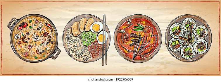 Ramen, kimbap, fried rice and soup - hand drawn vector illustration with asian food dishes, doodle style.