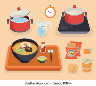 Ramen korean noodles, kitchenware illustration set. japan and korea food, instant noodle Vector drawing. Hand drawn style.