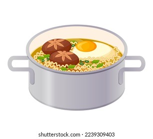 Ramen korean style. Ramyun, Ramyeon noodles in saucepan. Asian food. Colorful vector illustration isolated on white background.