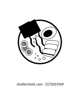 ramen logo or icon with noodle, beef, egg, nori, onion with soup