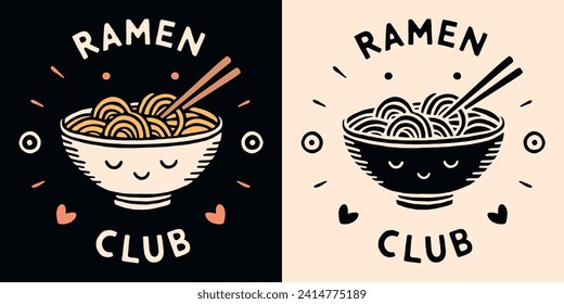 Ramen lover club badge logo. Cute yummy ramen noodles bowl smiley face kawaii illustration. Retro vintage printable drawing. Japanese food aesthetic quotes art for t-shirt design and print vector.