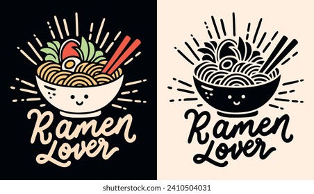 Afiche con letras de amante de Ramen. Dibujo imprimible del logotipo del guión antiguo retro. Ilustración minimalista del tazón de fideos Cute kawaii ramen. Citas estéticas japonesas de comida para el diseño de camisetas y vectores de impresión.