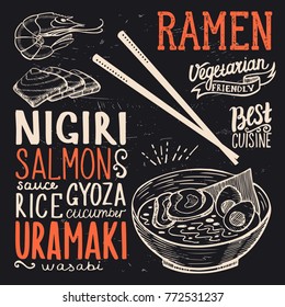 Ramen menu for restaurant and cafe. Design template with food hand-drawn graphic illustrations.