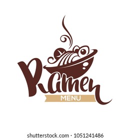 Ramen Menu, vector logo template with bowl full of noodle and lettering composition for your Japanese restaurant